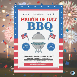 4. Juli, Patriotic Fireworks GRILLEN Party Einladung