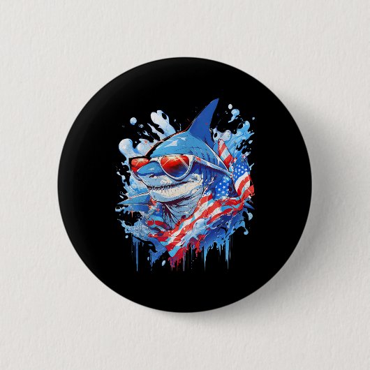 4. Juli Patriotic Funny Shark Sungles Unabhängigke Button (Vorderseite)