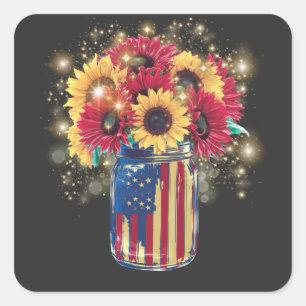 4. Juli Patriotic Sunflowers Jar American Flag Quadratischer Aufkleber