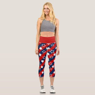 4. Juli Patriotic White Stars Blue Red Strips Capri Leggings