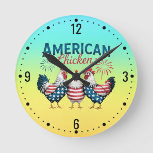 4. Juli Patriotisches Amerikanisches Hühnerdesign Runde Wanduhr