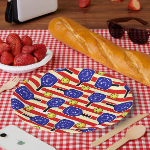 4. Juli Pickleball Rot Weiß Gelbe Balls Pappteller