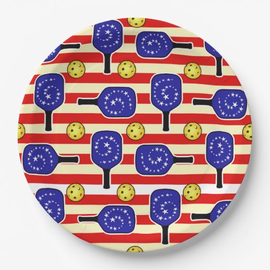 4. Juli Pickleball Rot Weiß Gelbe Balls Pappteller (Vorderseite)