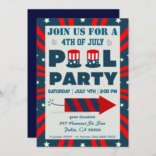 4. Juli Pool Party Einladung (Vorne/Hinten)