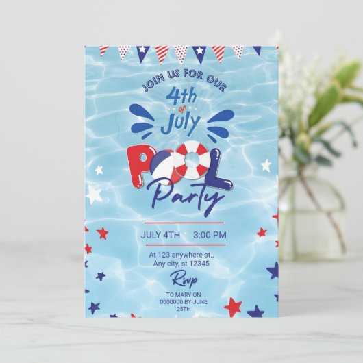 4. Juli Pool Party Einladung Editable Swim (Stehend Vorderseite)