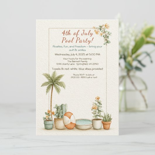 4. Juli Pool Party Einladung - Elegante Linie (Stehend Vorderseite)