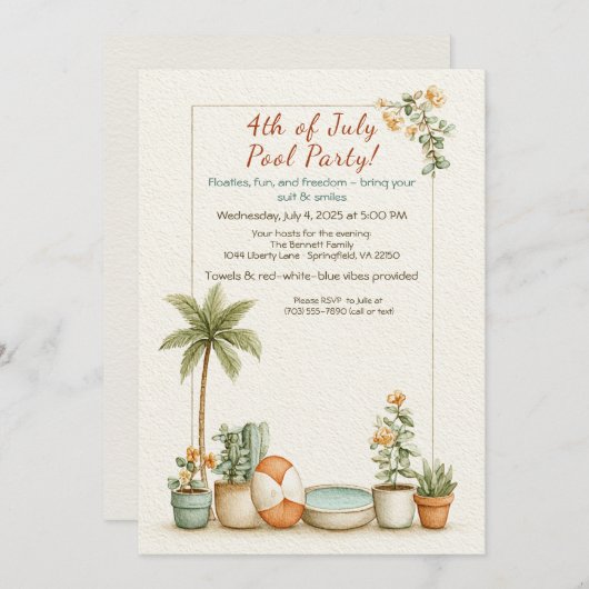 4. Juli Pool Party Einladung - Elegante Linie (Vorne/Hinten)