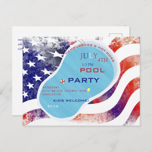 4. Juli Pool Party Flag Einladung Postkarte (Vorne/Hinten)