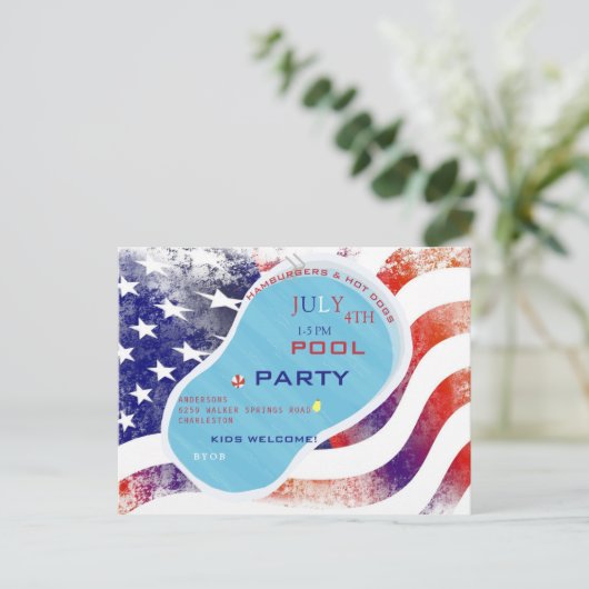 4. Juli Pool Party Flag Einladung Postkarte (Stehend Vorderseite)