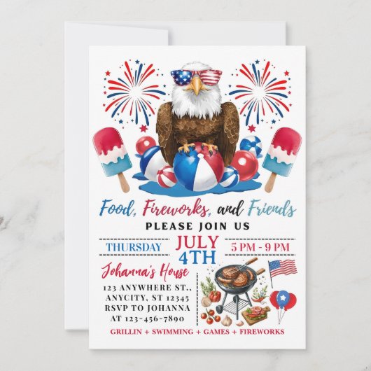 4. Juli Pool Party GRILLEN Amerikanische Unabhängi Einladung (Vorderseite)