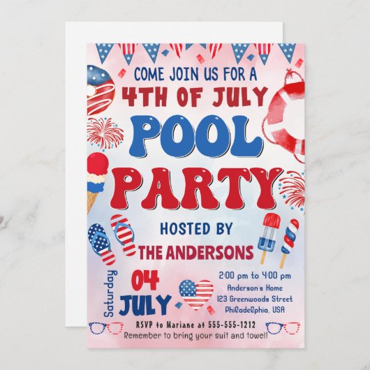 4. Juli Pool Party Sommereinladung Einladung (Vorne/Hinten)