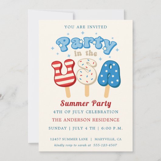 4. Juli Pool und Eiscreme-Party Einladung (Vorderseite)