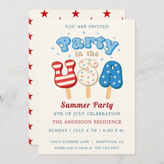4. Juli Pool und Eiscreme-Party Einladung (Vorne/Hinten)