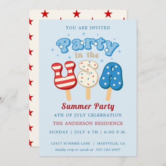 4. Juli Pool und Eiscreme-Party Einladung (Vorne/Hinten)