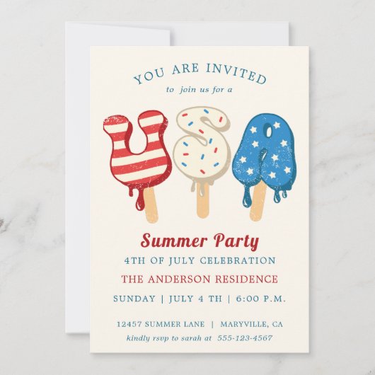 4. Juli Pool und Eiscreme-Party Einladung (Vorderseite)