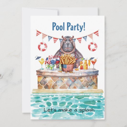4. Juli-Poolparty mit Nilpferd  Einladung (Vorderseite)