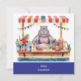 4. Juli Poolparty mit Nilpferd im Bikini  Einladung