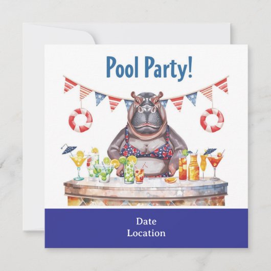 4. Juli Poolparty mit Nilpferd im Bikini  Einladung (Vorderseite)