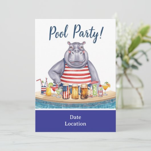 4. Juli Poolparty mit Nilpferd im Bikini Einladung (Stehend Vorderseite)