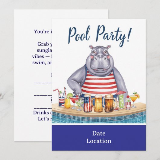4. Juli Poolparty mit Nilpferd im Bikini  Einladung (Vorne/Hinten)