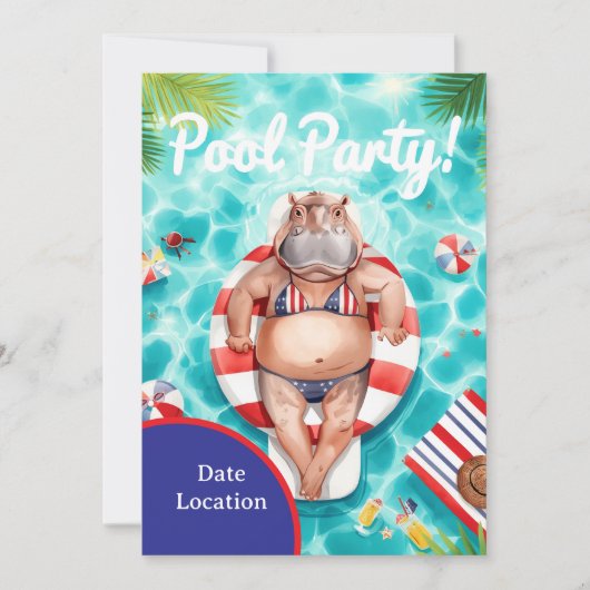 4. Juli Poolparty mit Nilpferd im Bikini  Einladung (Vorderseite)