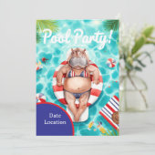 4. Juli Poolparty mit Nilpferd im Bikini  Einladung (Stehend Vorderseite)