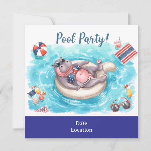 4. Juli-Poolparty mit Nilpferd im Bikini Save The Date (Vorderseite)