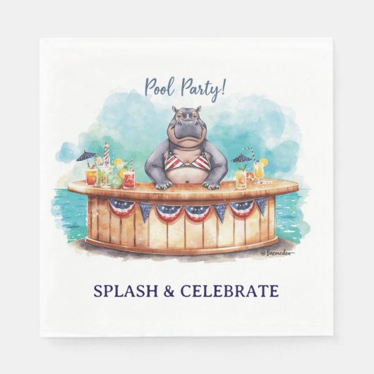 4. Juli-Poolparty mit Nilpferd im Bikini Serviette (Vorderseite)