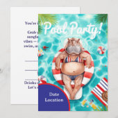 4. Juli Poolparty mit Nilpferd im Bikinilook  Einladung (Vorne/Hinten)