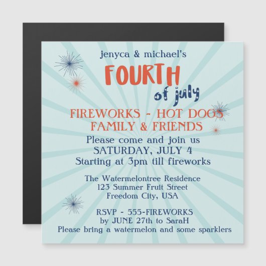 4. Juli Red White and Blue Fireworks Party Magneteinladung (Vorne/Hinten)