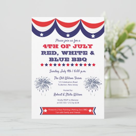 4. Juli Red White and Blue GRILLEN Einladung (Stehend Vorderseite)