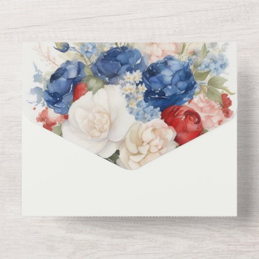 4. Juli Red White & Blue Floral Wedding All In One Einladung (Rückseite)
