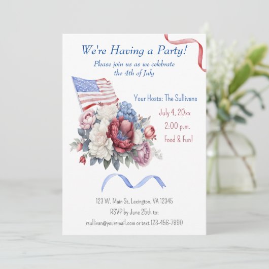 4. Juli Red White Blue Florals Flag Einladung (Stehend Vorderseite)