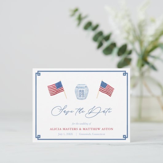 4. Juli Red White Blue Hochzeit speichern das Datu Postkarte (Stehend Vorderseite)