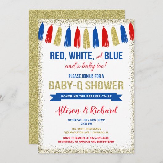 4. Juli Rot-Blau-Glitzer Babydusche Einladung (Vorne/Hinten)