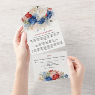 4. Juli Rot Weiß & Blau Florale Hochzeit All In One Einladung