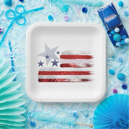 4. Juli, rot, weiß, blau, viereckig. Pappteller (Party)