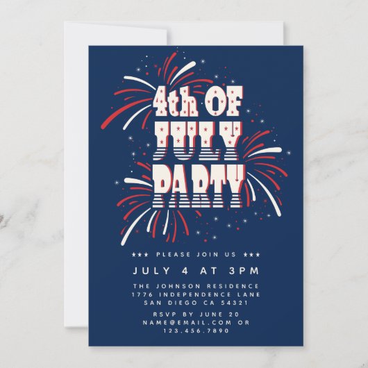 4. Juli Rot, Weiß und Blau Feuerwerk Party Einladung (Vorderseite)