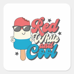 4. Juli Rot-Weiß und Coole Popsikel Quadratischer Aufkleber