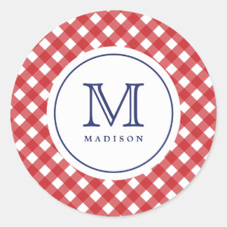 4. Juli Rote Karo Blue Monogram Party Aufkleber