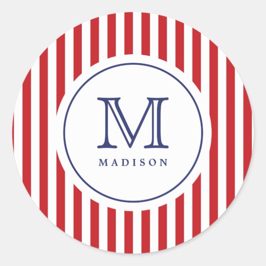 4. Juli Rote Streifen Monogramm Party Aufkleber (Vorderseite)