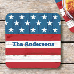 4. Juli Rustic Wood American Flag Patriotic Name Rechteckiger Pappuntersetzer<br><div class="desc">Machen Sie sich bereit, unser Land zu feiern, während Sie sich mit Ihrem Lieblingsgetränk auf diesen markanten, grafischen, patriotischen individuelle Name Papier-Untersetzer entspannen. Die dunkelblaue Typografie überlagert rustikale, Vintage, grafische, rote und weiße Streifen und weiße Sterne auf blau, die amerikanische Flagge verwitterte Landholzpaneele. Personalisieren Sie Ihren Namen, wenn Sie gewollt...</div>