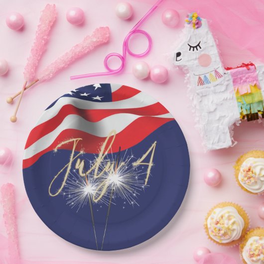 4. Juli Sparkler und Flag Paper Plate Pappteller (Party)