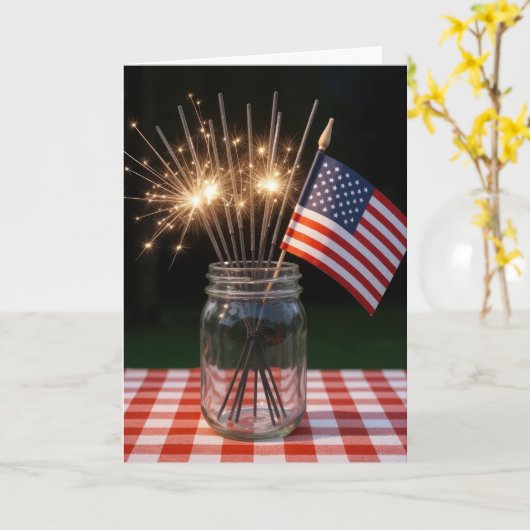 4. Juli Sparklers und Flag In a Mason Jar Karte (Gelbe Blume)