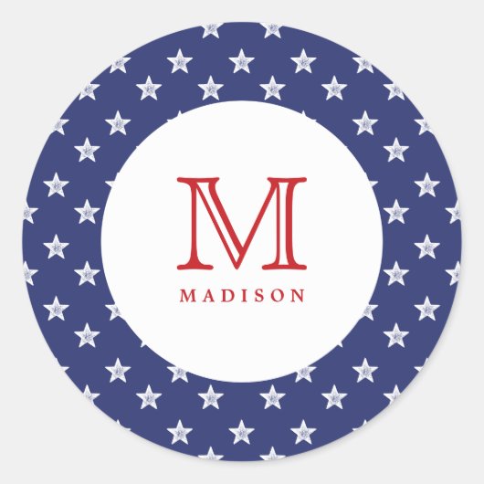 4. Juli Sterne Blue Red Monogram Party Sticker (Vorderseite)