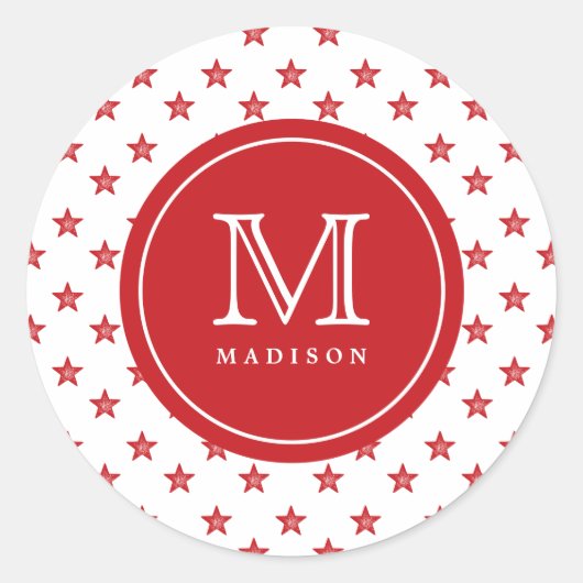4. Juli Sterne Rote Monogramm Name Party Aufkleber (Vorderseite)