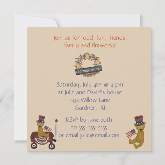 4. Juli Teddy Bär auf Parade Party Einladung (Rückseite)