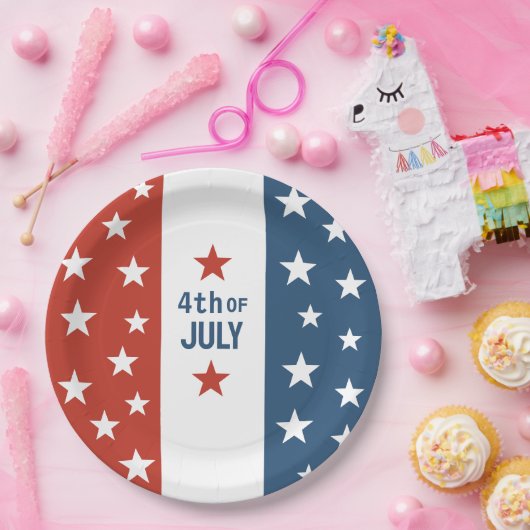 4. Juli Text rot, weiß & blau mit Sternen Pappteller (Party)