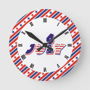 4. Juli Textdesign und Strichgrenzen mit Sternen Runde Wanduhr