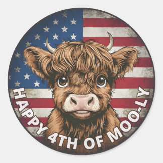 4. Juli Unabhängigkeitstag Highland Cow Circle Runder Aufkleber